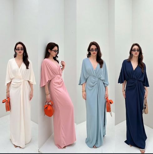 Women Casual V-neck Napless Flare Sleeves Maxi Slit Dress